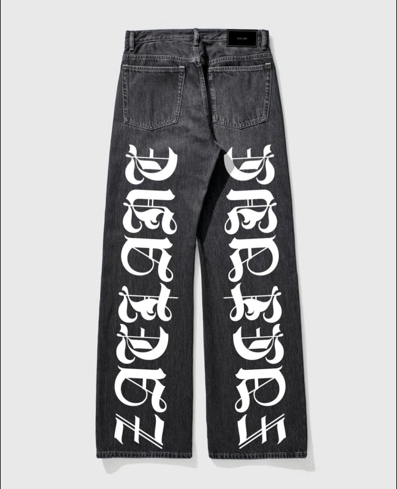 Old English Print Denim Pants