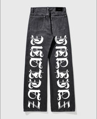 Old English Print Denim Pants